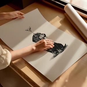 May include: Monochrome art print featuring a dachshund dog with a martini glass balanced on its head. The dog is depicted in a detailed pencil sketch style. The print is on a light beige paper.