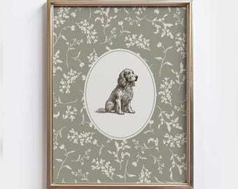 Lámina vintage de cocker spaniel: dibujo floral botánico de perro - Decoración de pared para habitación infantil estilo cottagecore