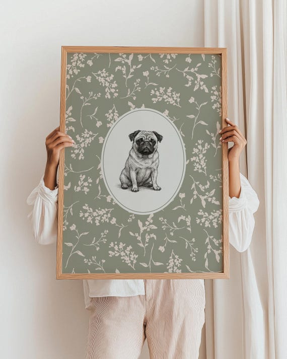 ヴィンテージパグプリント：ボタニカルフローラルドッグスケッチ