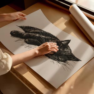May include: A black and white line drawing of a cat sleeping on a white background. The cat is curled up with its head resting on its paws. The drawing is done in a realistic style.
