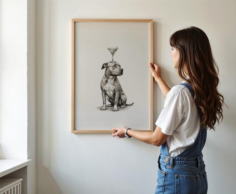May include: A framed print featuring a detailed black and white illustration of a dog with a martini glass balanced on its head. The artwork is in a light wooden frame, ready to hang. The print is displayed on a white wall.