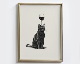 Schwarze Katze mit Wein Druck: Vintage Bar Barwagen Dekor (Digitaler Download)