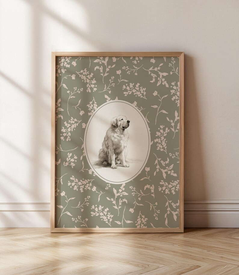 May include: A framed print with a sepia-toned illustration of a Golden Retriever. The dog is in an oval frame, set against a sage green background with a floral pattern. The wooden frame adds a classic touch to the artwork.