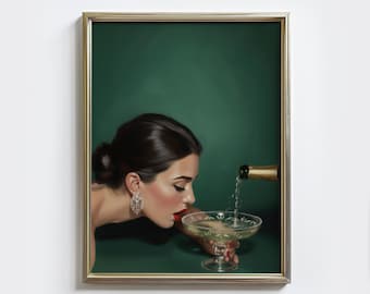Retro Champagne Woman Print: Emerald Green Bar Cart Art (Digital Download)