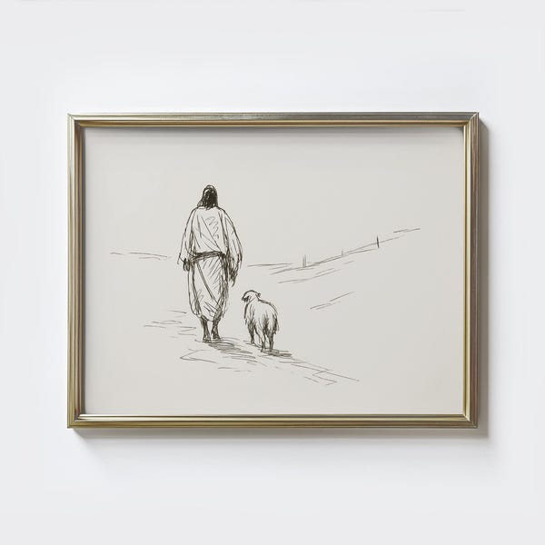 Jesus and Sheep Sketch Print: Minimalist Christian Wall Art (Digital Download)