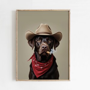 Arte murale di cowboy di labrador cioccolato / Stampa di laboratorio / Arte di cani western / Dipinto di cani smorzati / Estetica western / Stampa di cani / Decorazione murale della fattoria