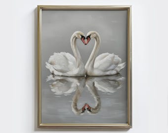 Swan Couple Heart Print: Romantic Lake Art (Digital Download)