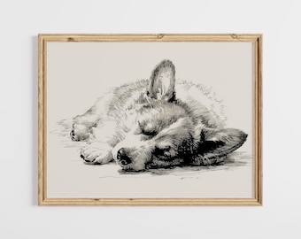 Corgi Sketch Print: Sleeping Dog Wall Art, Farmhouse Dog Decor, Rustic Nursery Print, Printable Digital Download