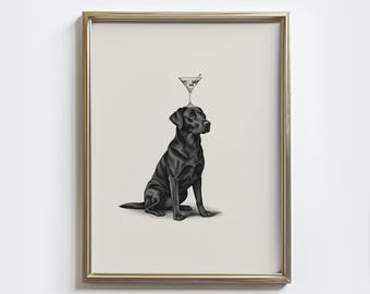 Black Labrador Martini Print: Funny Lab Wall Art, Bar Cart Dog Print, Rustic Cocktail Decor (Digital Download)