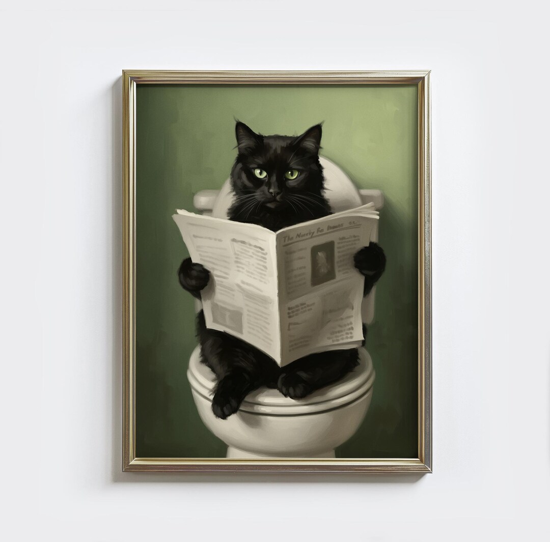 Black Cat Bathroom Wall Art: Funny Cat on Toilet Reading Newspaper ...