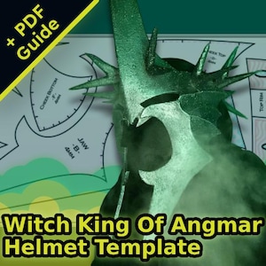 May include: A green Witch King of Angmar helmet template with a PDF guide. The template includes measurements in millimeters.