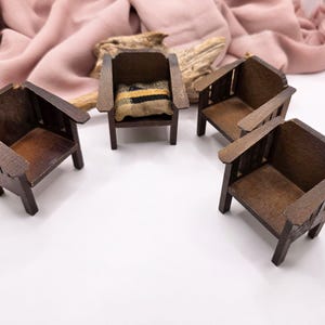 Set of 4 Vintage Miniature Wooden Armchairs with Cushion, Made in Germany, Dollhouse Furniture