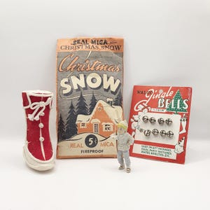 Vintage Christmas Lot – Mica Snow, Japan Felt Boot, Jingle Bells & Bisque Snow Doll – As Found