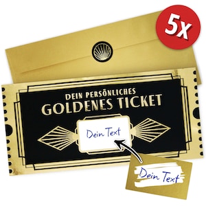 5x Golden Ticket - Vale con espacio para raspar para rellenar usted mismo con sobre dorado y 3 pegatinas de regalo, regalo ideal para el Día de la Madre