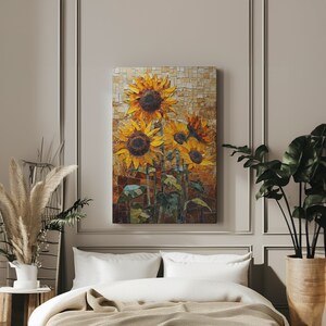 Sunflower Mosaic Canvas Wrap Print Art, Vivid Mixed Media Floral Decor, Earth Tones, Artistic Home Embellishment