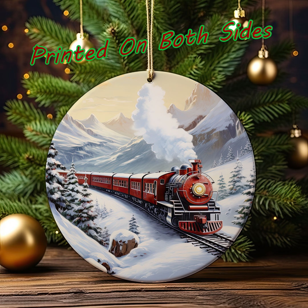 Old Time Red Train: Snowy Mountain Tracks 3.5 Round Metal Ornament 