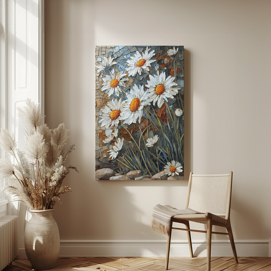 Daisy Flowers Canvas Wrap Print Art - Mosaic Mixed Media Floral Wall ...