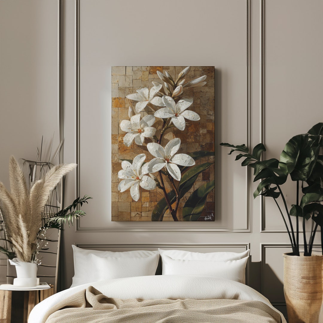 Jasmine Flower Canvas Wrap Print Art - Mosaic Mixed Media, Serene White ...