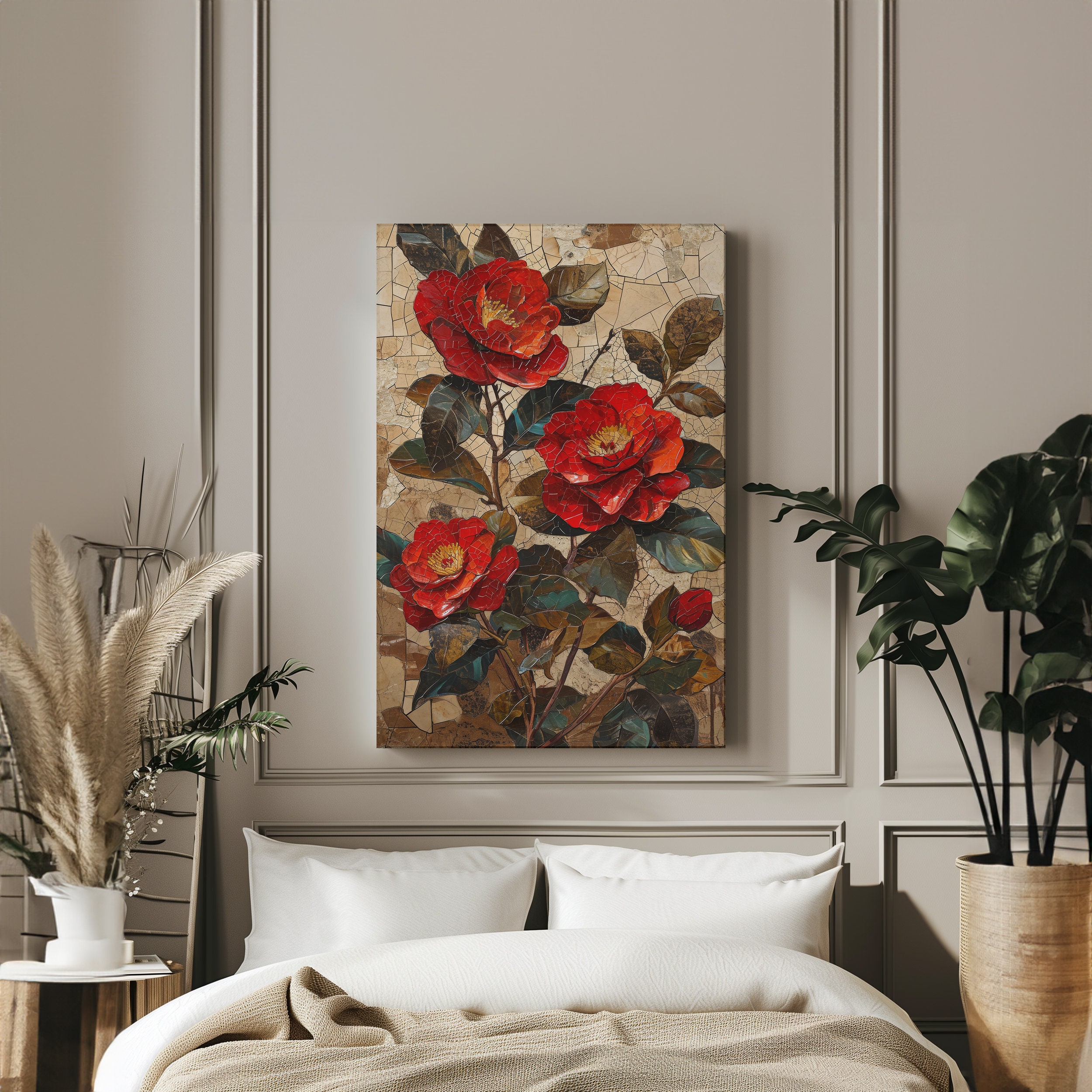 Camellia Canvas Wrap Print Art Mosaic Mixed Media, Lush Red Floral Wall