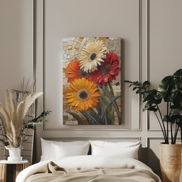 Gerbera Daisy Canvas Wrap Print Art - Mosaic Style Vivid Floral Wall Decor, Earthtone Elegance, Artistic Expression, Vibrant Ambiance