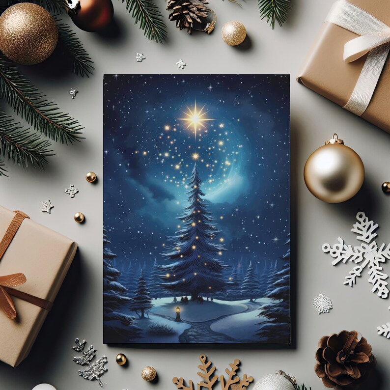 Starry Night Christmas Tree Card, Guiding Star Light, Peaceful Winter Scene 5x7 Xmas Holiday 