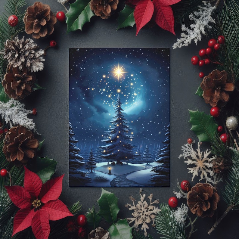 Starry Night Christmas Tree Card, Guiding Star Light, Peaceful Winter Scene 5x7 Xmas Holiday 