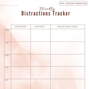 May include: A printable weekly distractions tracker with a soft peach watercolor background. The title "Weekly Distractions Tracker" is in a decorative font. The tracker includes sections for distractions, frequency, and reactions, with days of the week listed.