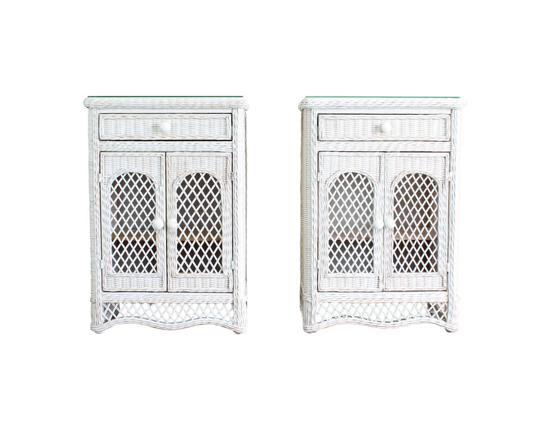 Vintage Pair of Wicker Nightstands With Glass Tops Etsy