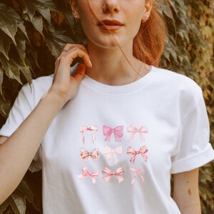 Pink Bows Graphic Tee Summer Girly Vacation Pastel Color Gift for Women Tee Pink Retro Minimalistic Shirt Vintage Shirt Boho Bows Trendy Mom