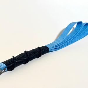 May include: A light blue whip with a black coiled handle and a metal ring at the end.