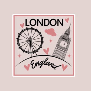 Adesivo da viaggio di Londra - Illustrazione estetica del Big Ben e del London Eye del Regno Unito, adesivo romantico dell&#39;Inghilterra, adesivo rosa carino per il diario