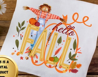 Fall Scarecrow SVG, PNG, Autumn Leaves Design (Digital Download)