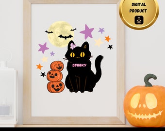 Diseño de gato espeluznante de Halloween, clip art de gato negro (descarga digital)
