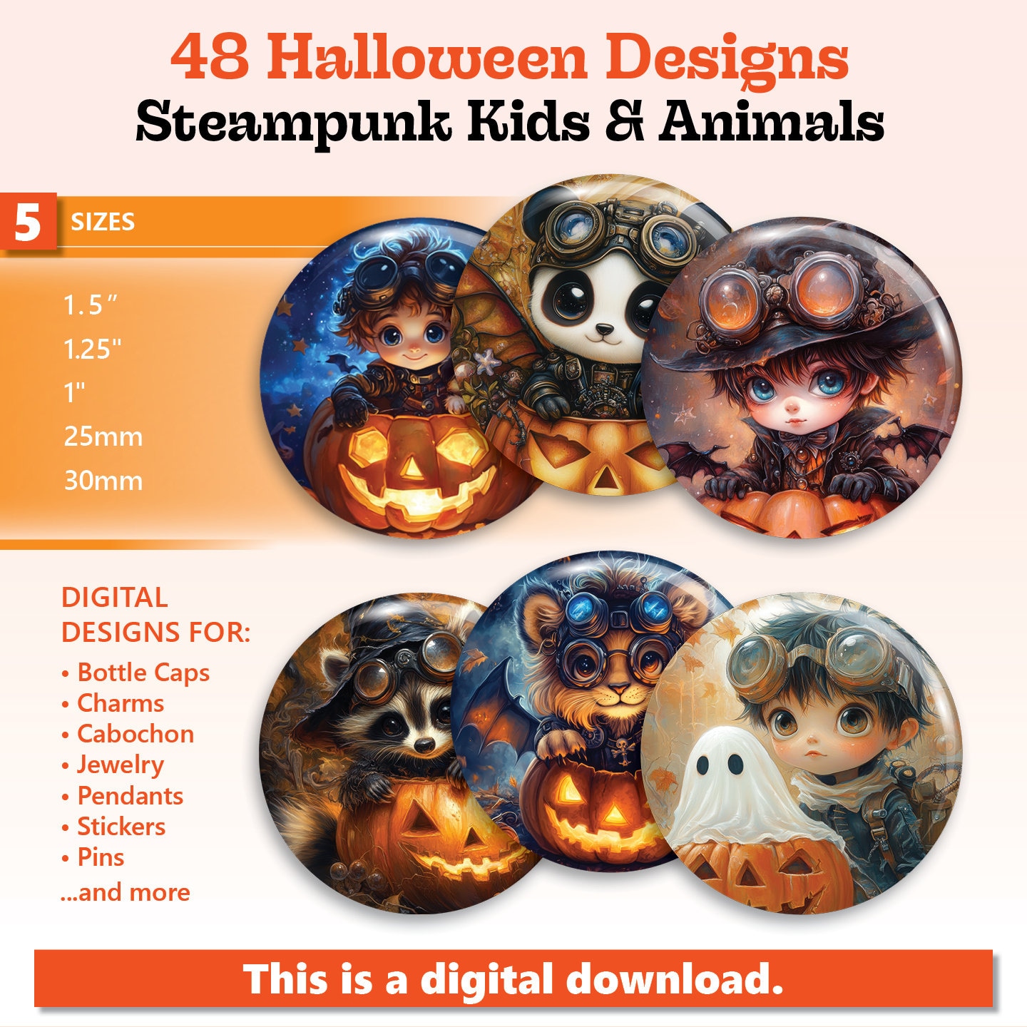 48 Halloween Steampunk Printable Downloads Boy, Girl, Kitten, Puppy Digital Sheets bottle cap images 1 inch circles 1.5", 1.25", 25mm, 30mm
