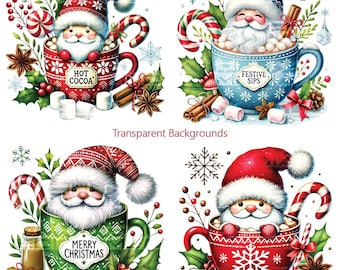 Hot Cocoa Santa Gnomes Clipart, Cute Christmas Gnomes Clipart, Watercolor Festive Gnomes Clipart PNG, Holiday Sublimation Digital Files