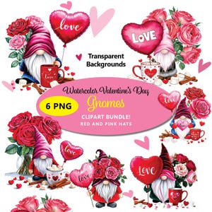 6 Clipart heiße Kakao-Zwerge mit Liebesballons, glückliche Valentinstag-Zwerge-Designs, festliche Zwerge und Rosen, Sublimations-Digital-Bundle PNG
