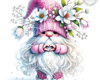 Pink Gnome Clipart I Heart You, Cute Gnome Clipart With  Magnolia Flowers And Valentines Hearts, Printable Clipart, Digital Download PNG