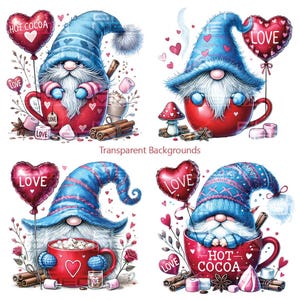 Puede incluir: Cuatro ilustraciones de gnomos sosteniendo tazas de chocolate caliente. Cada gnomo lleva un gorro azul y tiene barba blanca. Las tazas son rojas y tienen corazones y las palabras "Chocolate caliente" y "Amor" en ellas. Los gnomos están rodeados de corazones, palitos de canela y otras decoraciones de San Valentín.