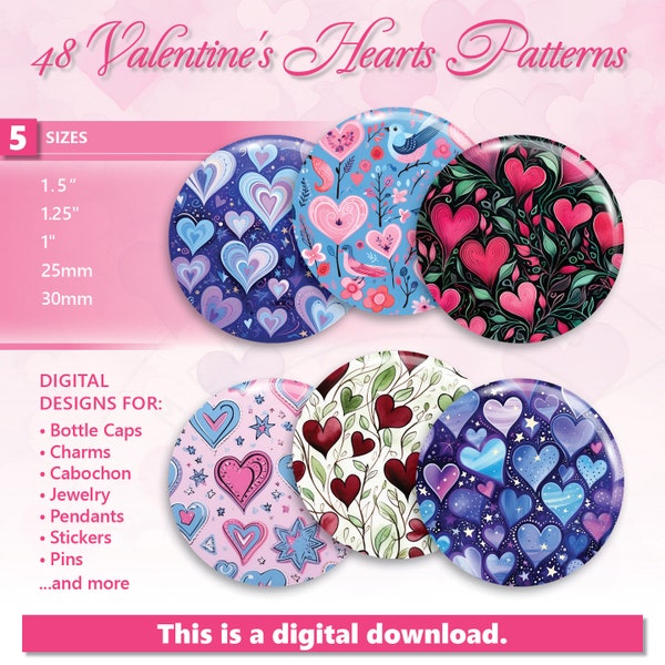 48 Hearts Valentines Patterns Digital Collage Sheet 1" valentine bottle cap images 1 inch circles printable download 1.5", 1.25", 25mm, 30mm