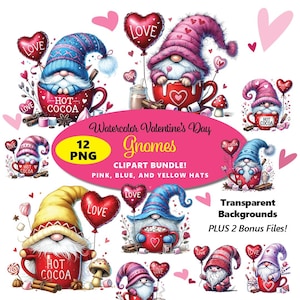 Bundel van 12 cliparts: warme cacaokabouters met ballonnen, Happy Valentines Day-kaboutersontwerpen, roze, blauwe, gele hoeden vakantie, digitale download png