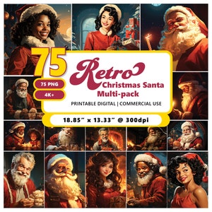 75 imágenes retro/vintage de Papá Noel navideño: Papá Noel caucásico, femenino, asiático, afroamericano, descarga digital en paquete múltiple, impresión PNG de alta resolución