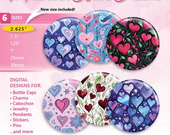 48 Hearts Valentines Patterns Digital printable download 1 inch valentine bottle cap images circles  2.625&quot;, 1.5&quot;, 1.25&quot;, 1&quot;, 25mm, 30mm