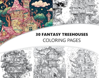 Puede incluir: Un libro para colorear con 30 casas en los árboles de fantasía. La portada muestra una ilustración detallada de una casa en los árboles caprichosa con detalles intrincados y un cielo nocturno estrellado.