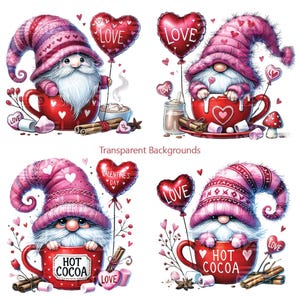 Heiße Kakao-Zwerge mit Luftballons, glückliche Valentinstag-Zwerge-Designs, festliche PINK-HAT-Zwerge Clipart, Feiertags-Sublimations-Digital-Bundle PNG