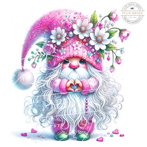 Clipart nain rose, je vous aime, clipart nain mignon avec marguerites, fleurs et coeurs de la Saint-Valentin, clipart imprimable, téléchargement numérique PNG
