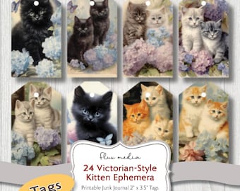 Etiquetas imprimíveis para diário de lixo, itens vintage de gatinhos e gatos em estilo vitoriano, kit de diário de lixo para download digital, PDF