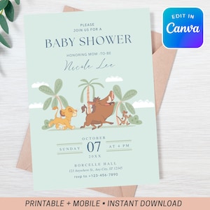 Lion Cub Baby Shower Invitation: Simba Theme, Editable Canva Template
