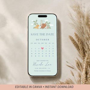May include: A smartphone screen displaying a digital baby shower save the date invitation on a light green background. The design features cartoon animals, a calendar for October with a pink heart on the 7th, and the text Nicole Lee.