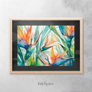 Paradiesvogel Botanische Wandkunst | Tropisches Aquarell zum Ausdrucken | Geschenk für Pflanzenliebhaber | Boho Wohndekor | Herunterladbare Kunst 043