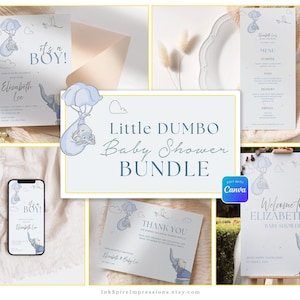 May include: A baby shower bundle featuring a Dumbo theme. The set includes invitations, a menu, a welcome sign, and thank you cards. The designs are light blue with illustrations of Dumbo and the text "It's a Boy!"